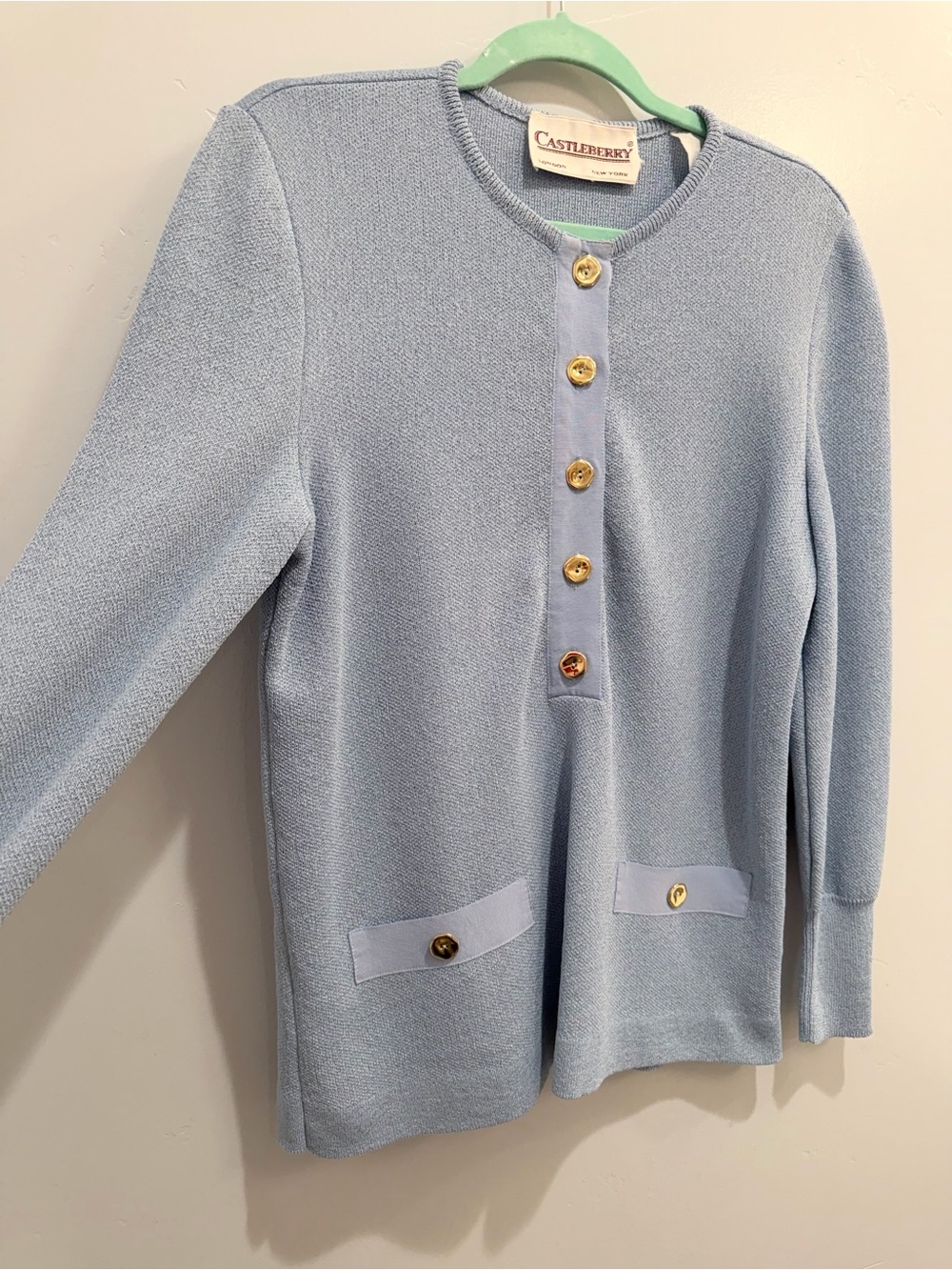 Vintage 70s Castleberry Knit Henly Tunic Top Light Blue Gold Buttons Size M / L - Picture 8 of 14